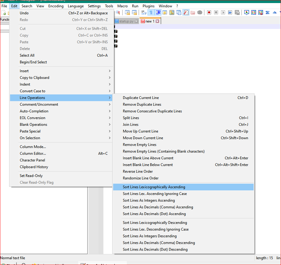 Notepad++ Edit menu with Line Operations open and the Sort Lines Lex. Ascending Ignoring Case command outlined.